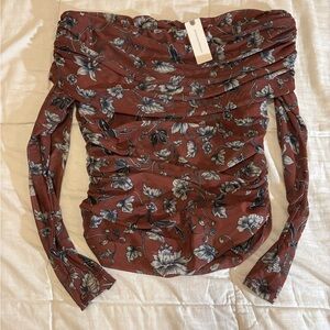 Maeve Aleda Off the Shoulder Mesh Top - NWT - Brown with Black and White Floral